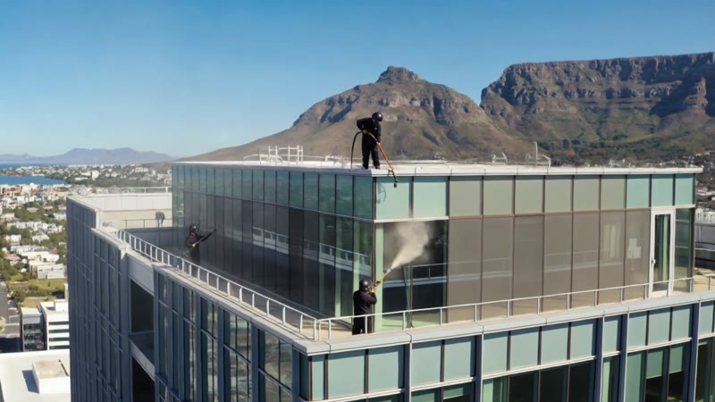 Workers in protective gear with blast hoses on the rooftop of a glass office building, Table Mountain behind